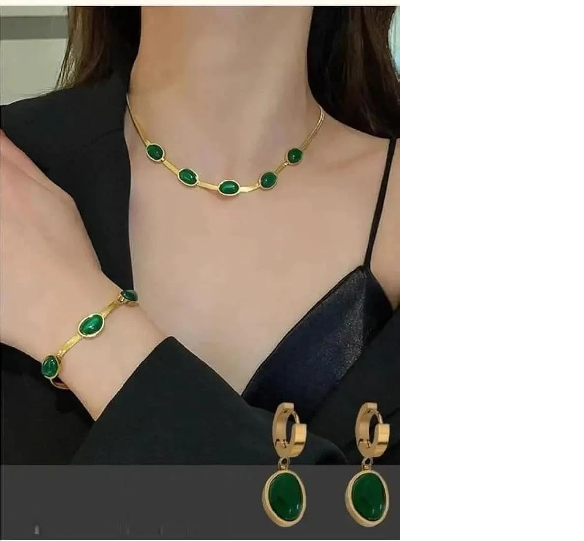 Oval Green Crystal Pendant Necklace Jewelry Set